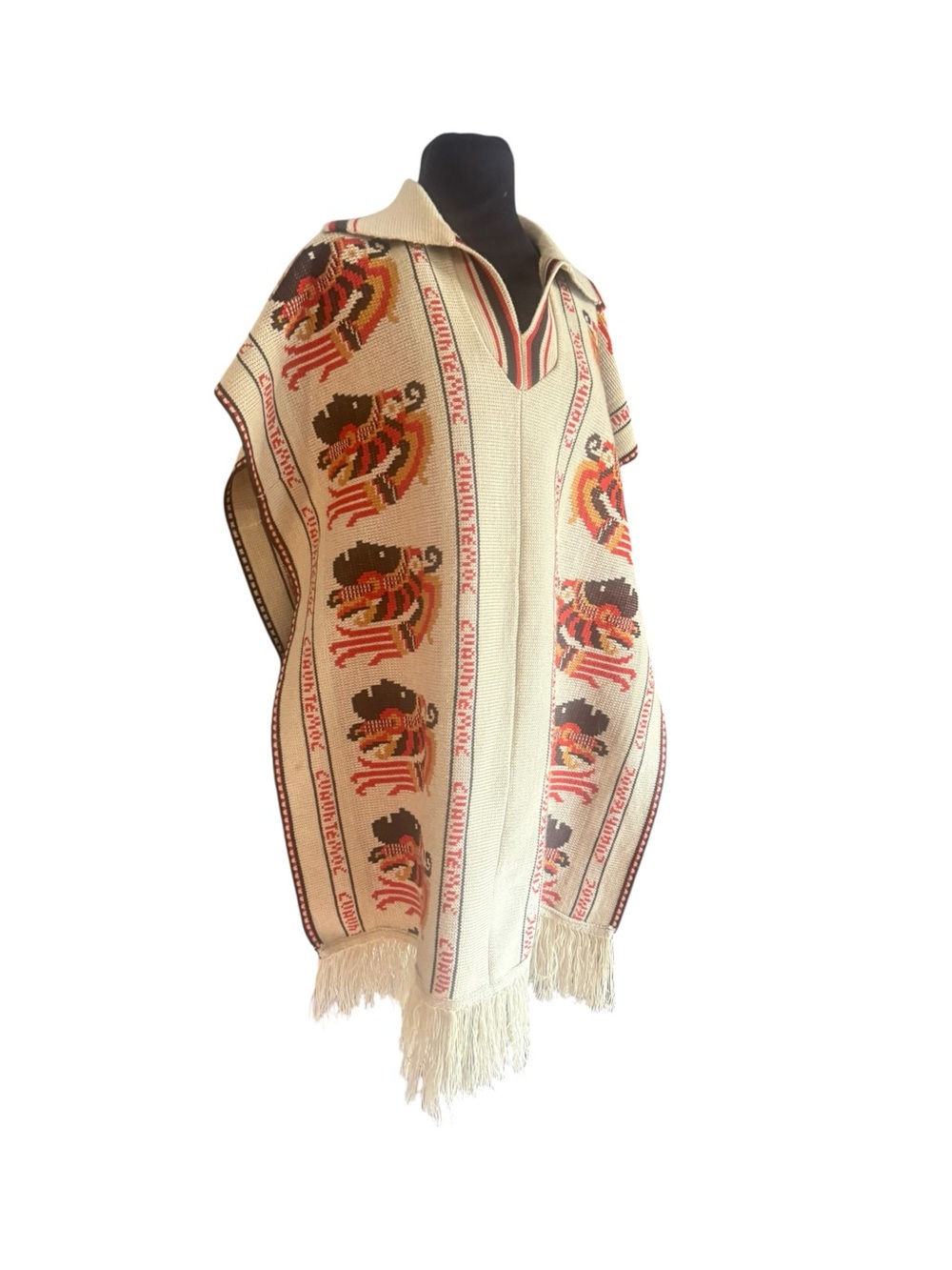 Vintage Woven Guatemalan Style Poncho Bird Fringe Collared Boho Hippie Cape OS